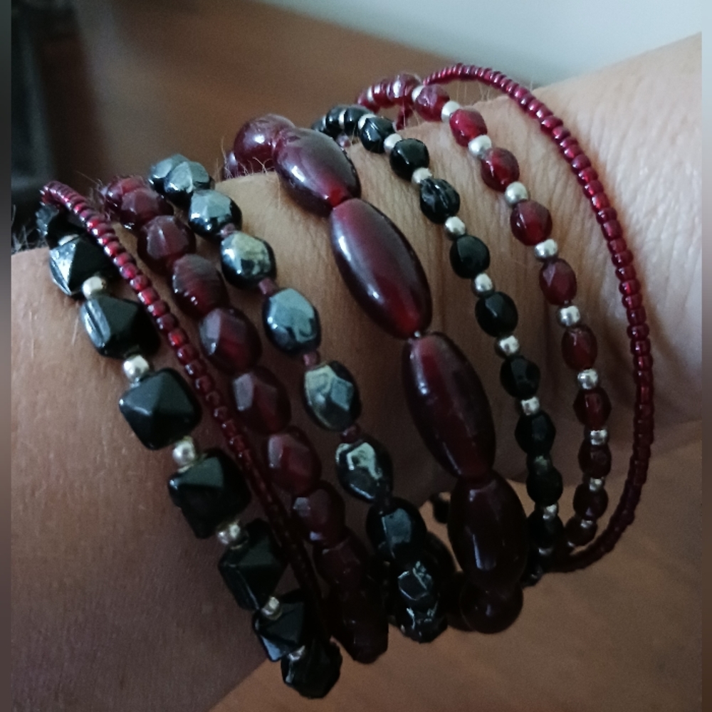 All in 1 Stack Bracelet Set, Burgundy, Black, Grey